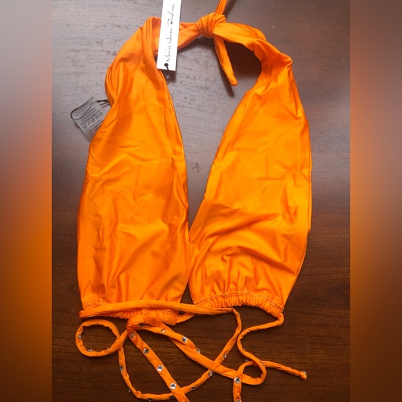 NWT Monica Hansen Silver Crystal Studded Orange Tie-Back Halter Bikini Top - Picture 2 of 3